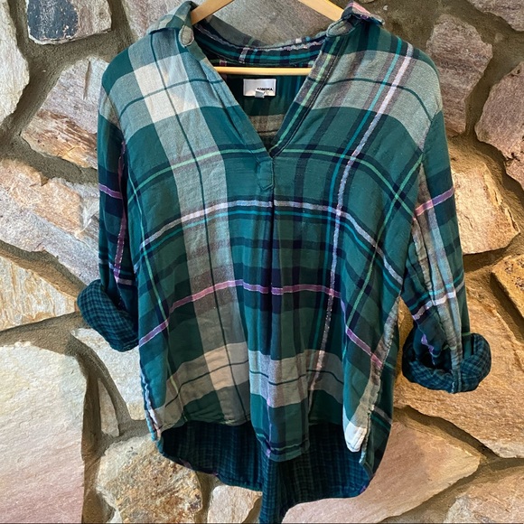 Sonoma Tops - Striped 3/4 Sleeve Flannel Plaid Blouse V-Neck